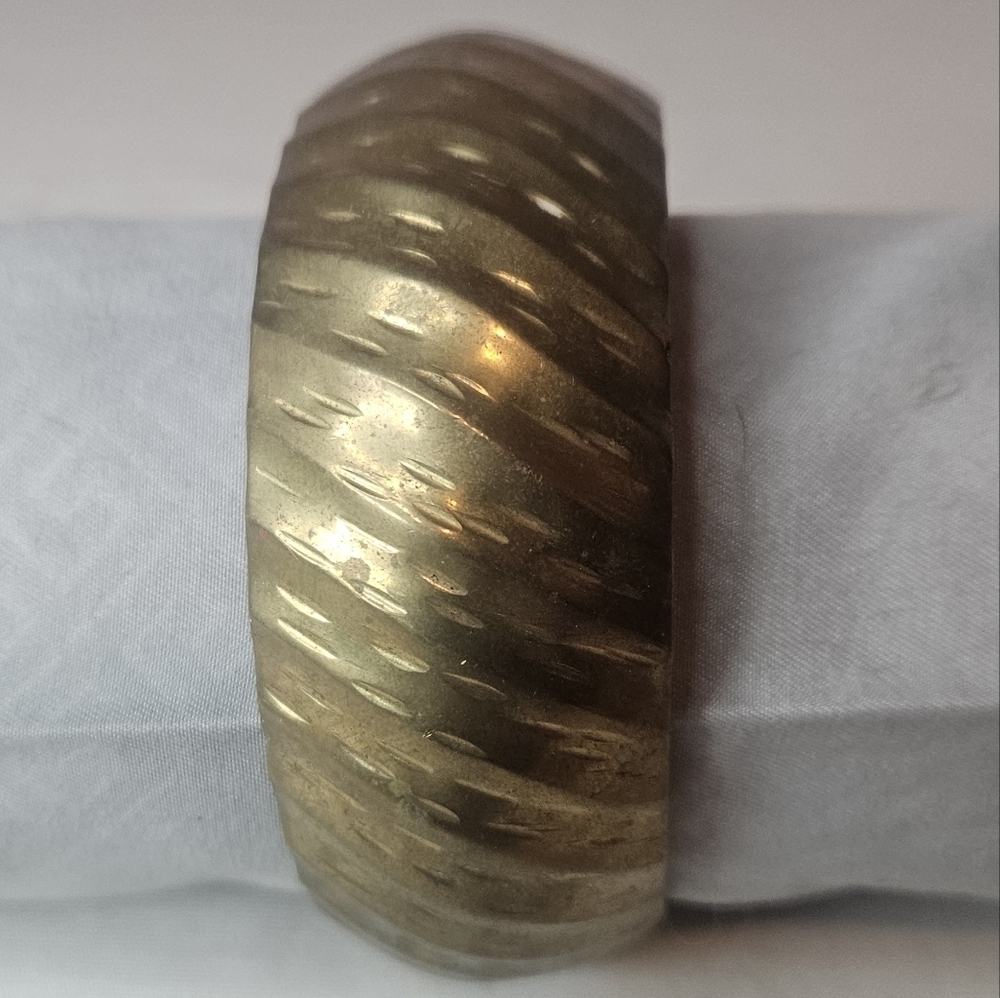 Vintage 1970s Wide Textured Brass Bangle India EUC Statement Boho Bracelet